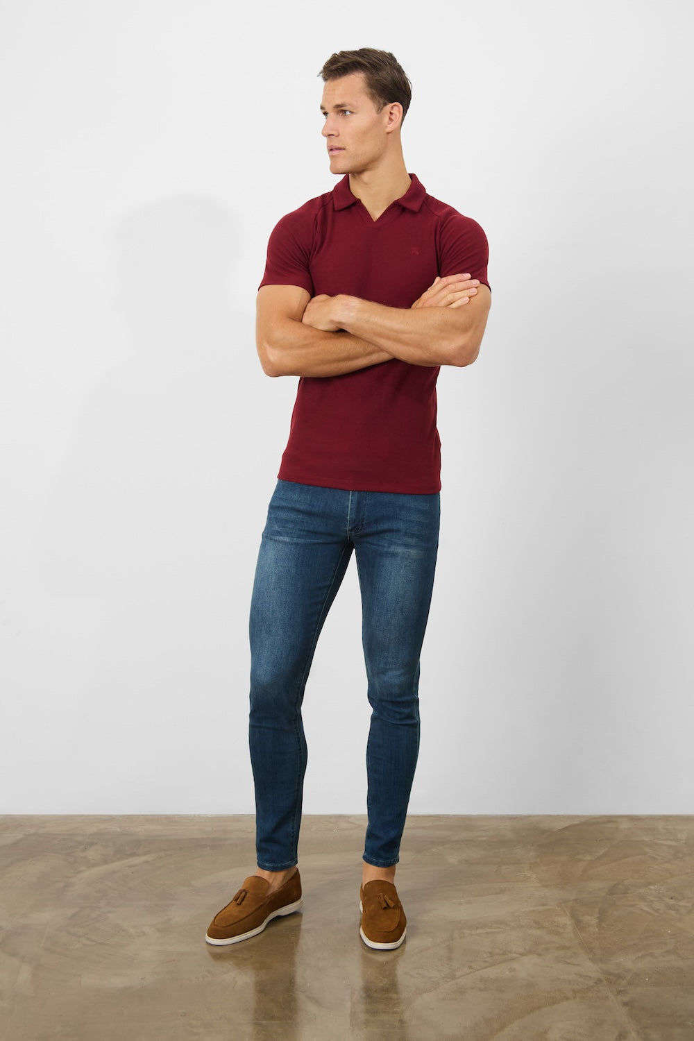 Textured Open Collar Polo Shirt in Claret - TAILORED ATHLETE - ROW