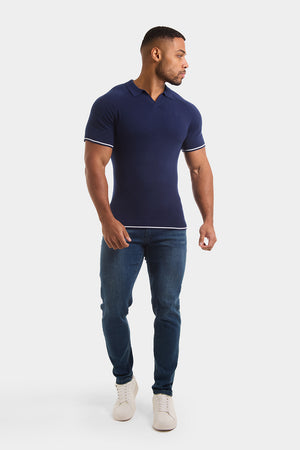 Tipped Buttonless Open Collar Polo in Navy/White - TAILORED ATHLETE - ROW