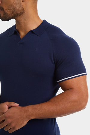 Tipped Buttonless Open Collar Polo in Navy/White - TAILORED ATHLETE - ROW