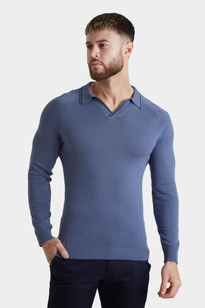 Tipped Buttonless Open Collar Polo in Blue/Navy - TAILORED ATHLETE - ROW