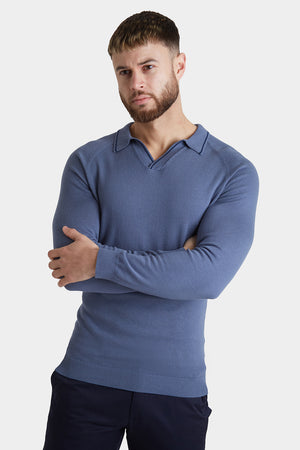Tipped Buttonless Open Collar Polo in Blue/Navy - TAILORED ATHLETE - ROW