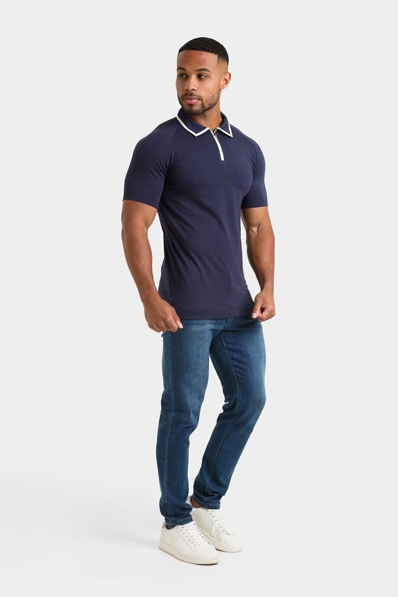 Tipped Zip Neck Polo Shirt in Navy - TAILORED ATHLETE - ROW