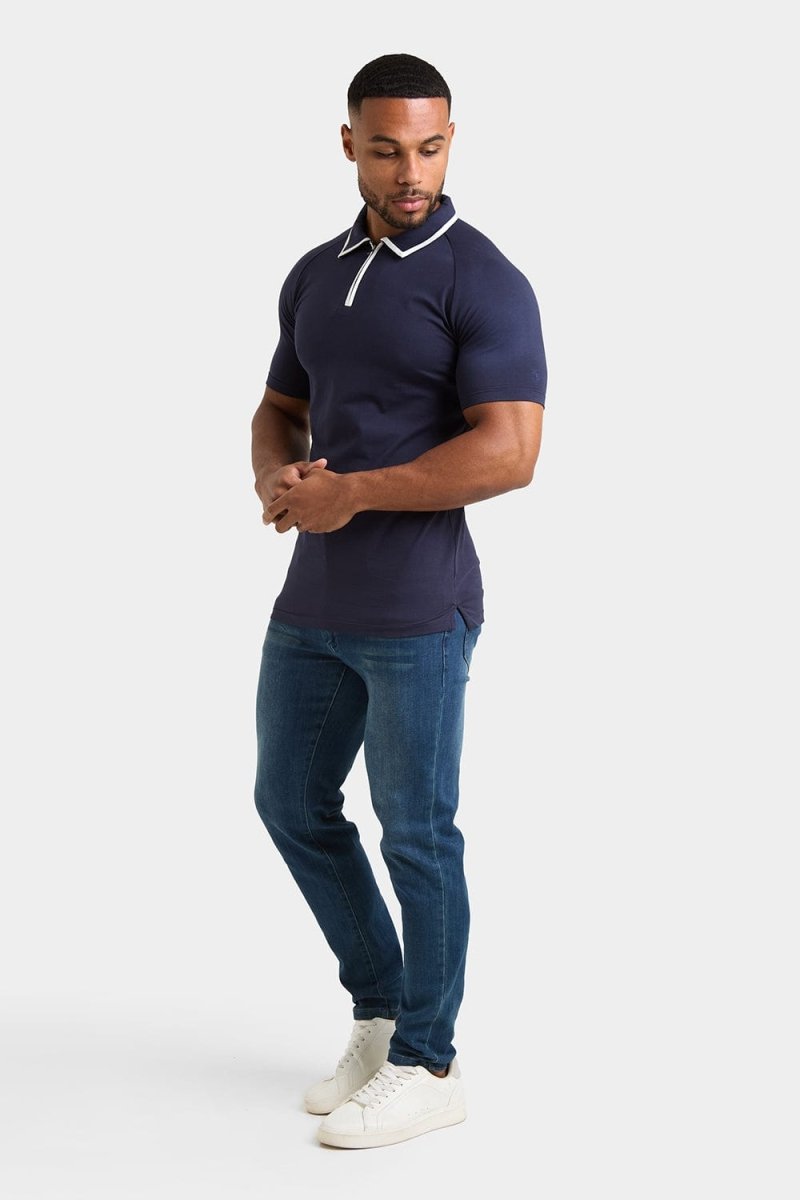 Tipped Zip Neck Polo Shirt in Navy - TAILORED ATHLETE - ROW