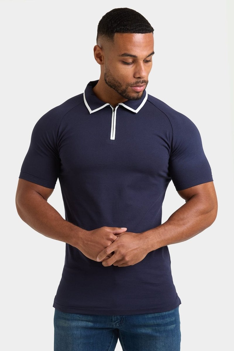 Tipped Zip Neck Polo Shirt in Navy - TAILORED ATHLETE - ROW