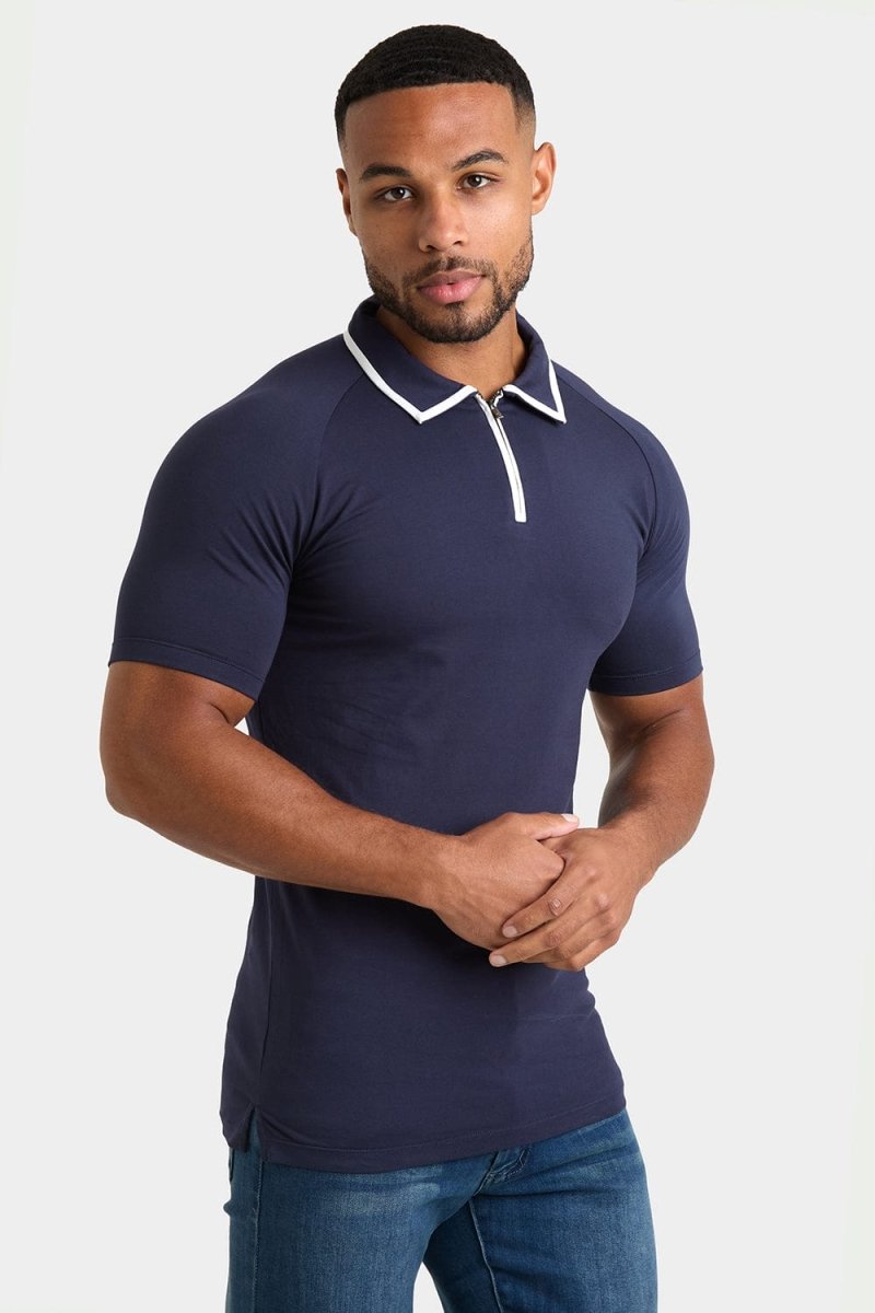 Tipped Zip Neck Polo Shirt in Navy - TAILORED ATHLETE - ROW