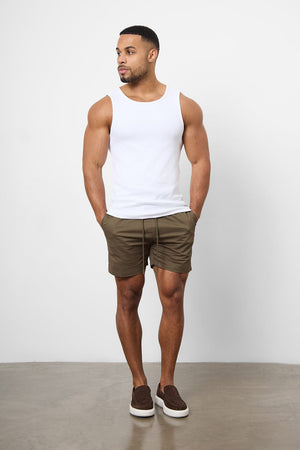 Muscle Fit Drawstring Chino Short - Shorter Length in Khaki - TAILORED ATHLETE - ROW