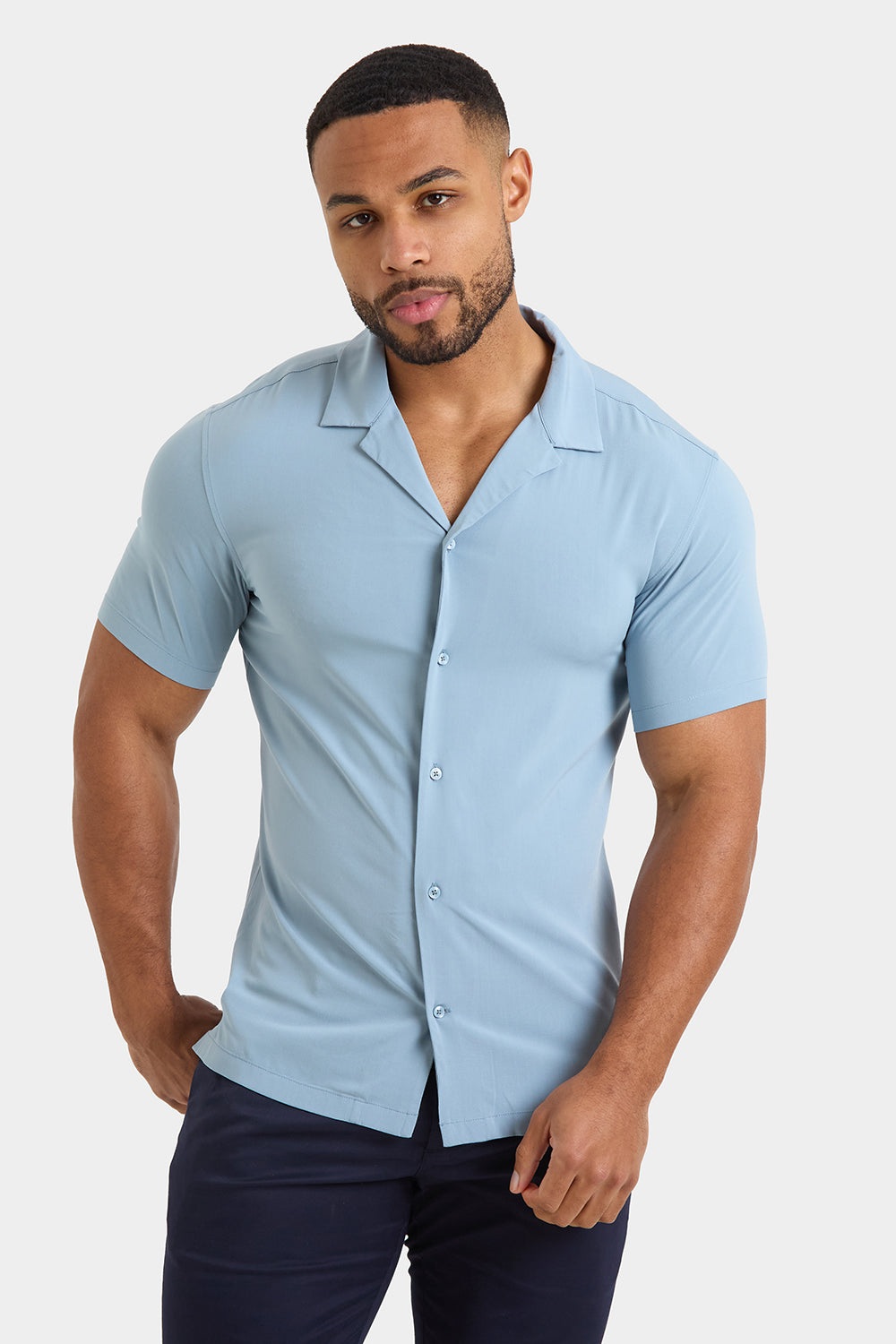 Muscle Fit Short Sleeve Viscose Shirt in Slate Grey - TAILORED ATHLETE - ROW