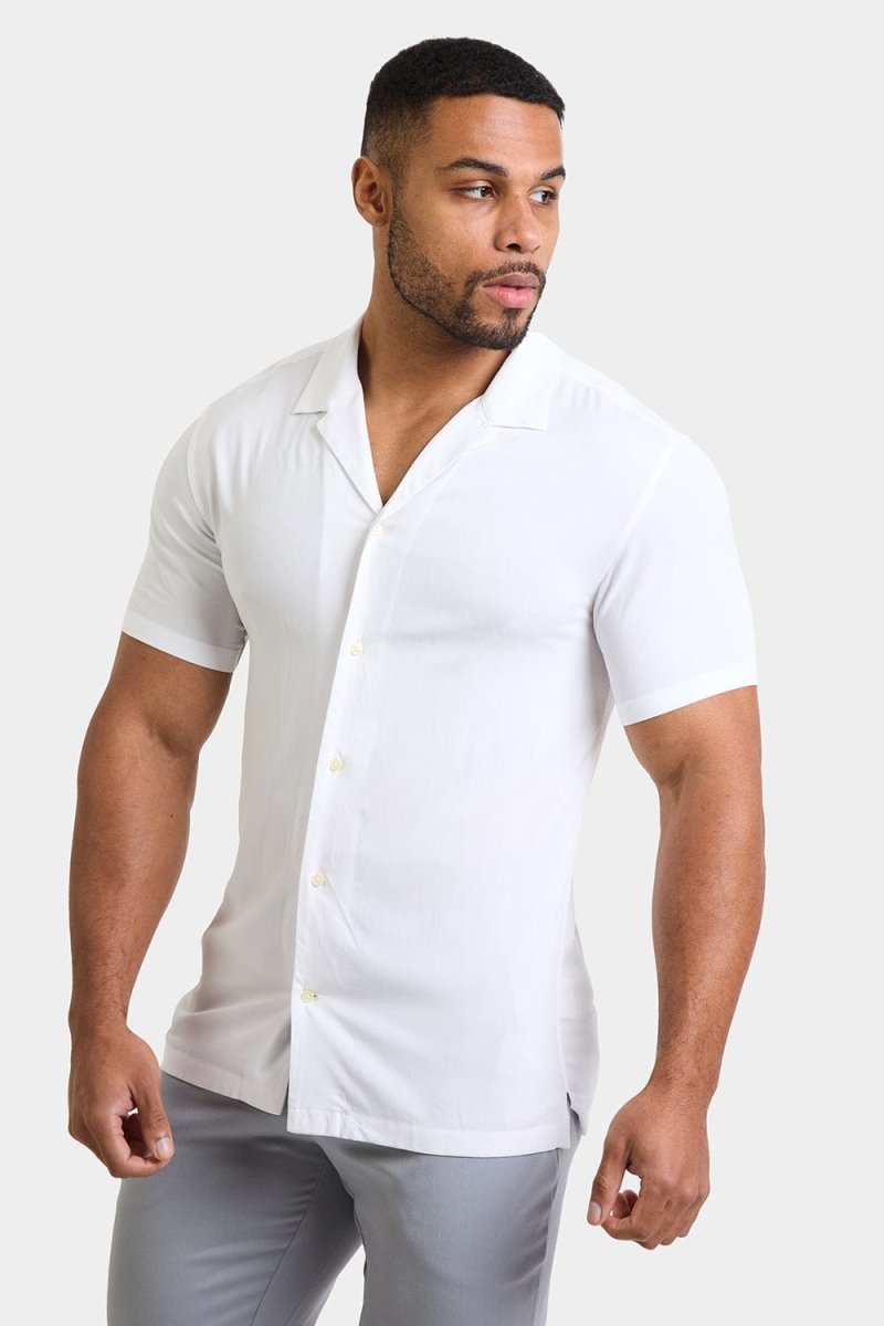 Muscle Fit Short Sleeve Viscose Shirt in White - TAILORED ATHLETE - ROW