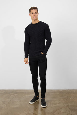 Wool Blend Chunky Cable Crew Neck in Black - TAILORED ATHLETE - ROW