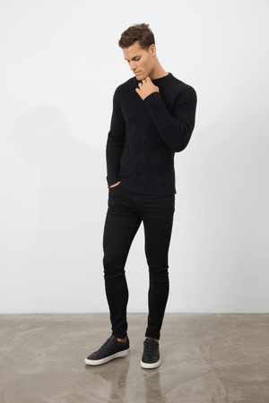 Wool Blend Chunky Cable Crew Neck in Black - TAILORED ATHLETE - ROW