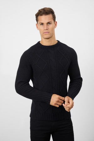 Wool Blend Chunky Cable Crew Neck in Black - TAILORED ATHLETE - ROW