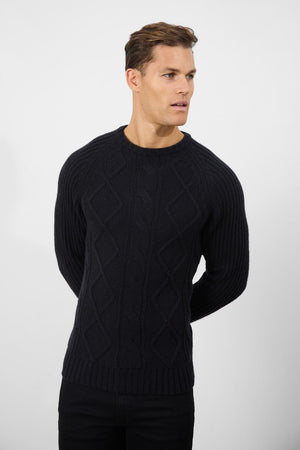 Wool Blend Chunky Cable Crew Neck in Black - TAILORED ATHLETE - ROW