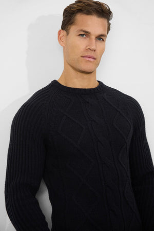 Wool Blend Chunky Cable Crew Neck in Black - TAILORED ATHLETE - ROW