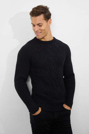 Wool Blend Chunky Cable Crew Neck in Black - TAILORED ATHLETE - ROW