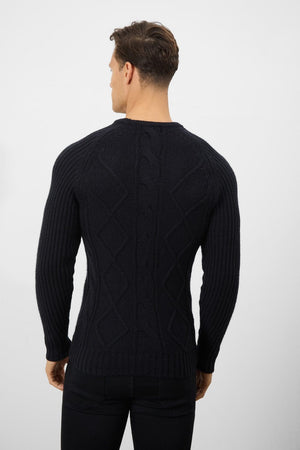 Wool Blend Chunky Cable Crew Neck in Black - TAILORED ATHLETE - ROW