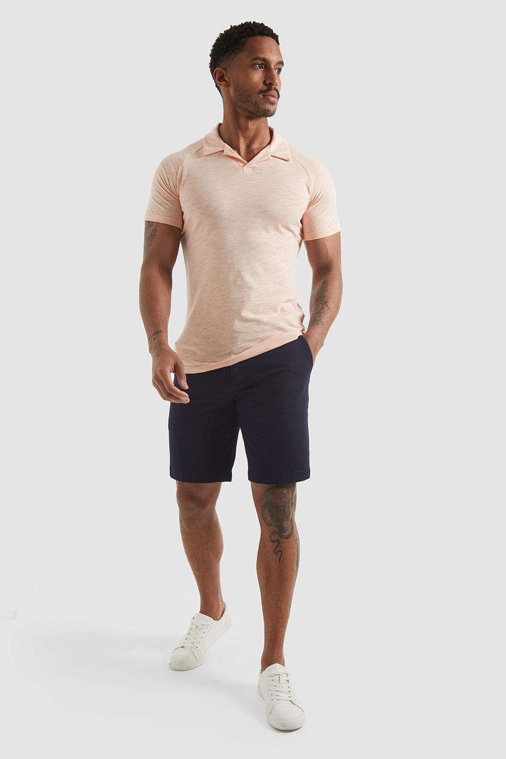 Slub Open Collar Polo Shirt In Washed Coral